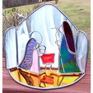 Vtg Christmas NATIVITY Stained Glass Jesus Mary Joseph Holy Family Light Catcher